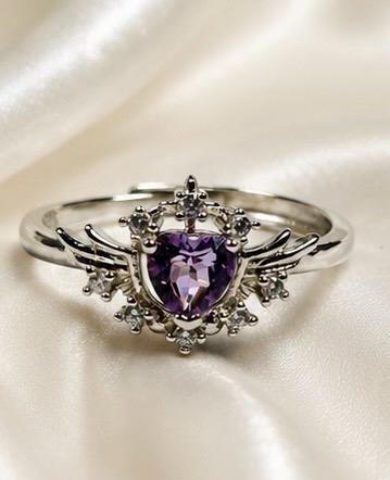 Amethyst Heart & Wing Ring in 925 Sterling Silver - Adjustable Dark Angel Goth Jewellery Celtic Dragon Jewellery