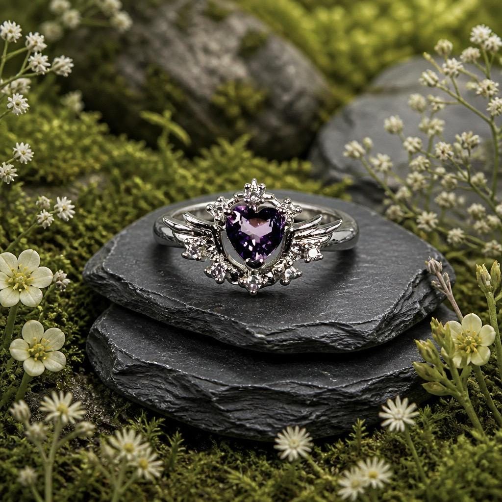 Amethyst Heart & Wing Ring in 925 Sterling Silver - Adjustable Dark Angel Goth Jewellery Celtic Dragon Jewellery