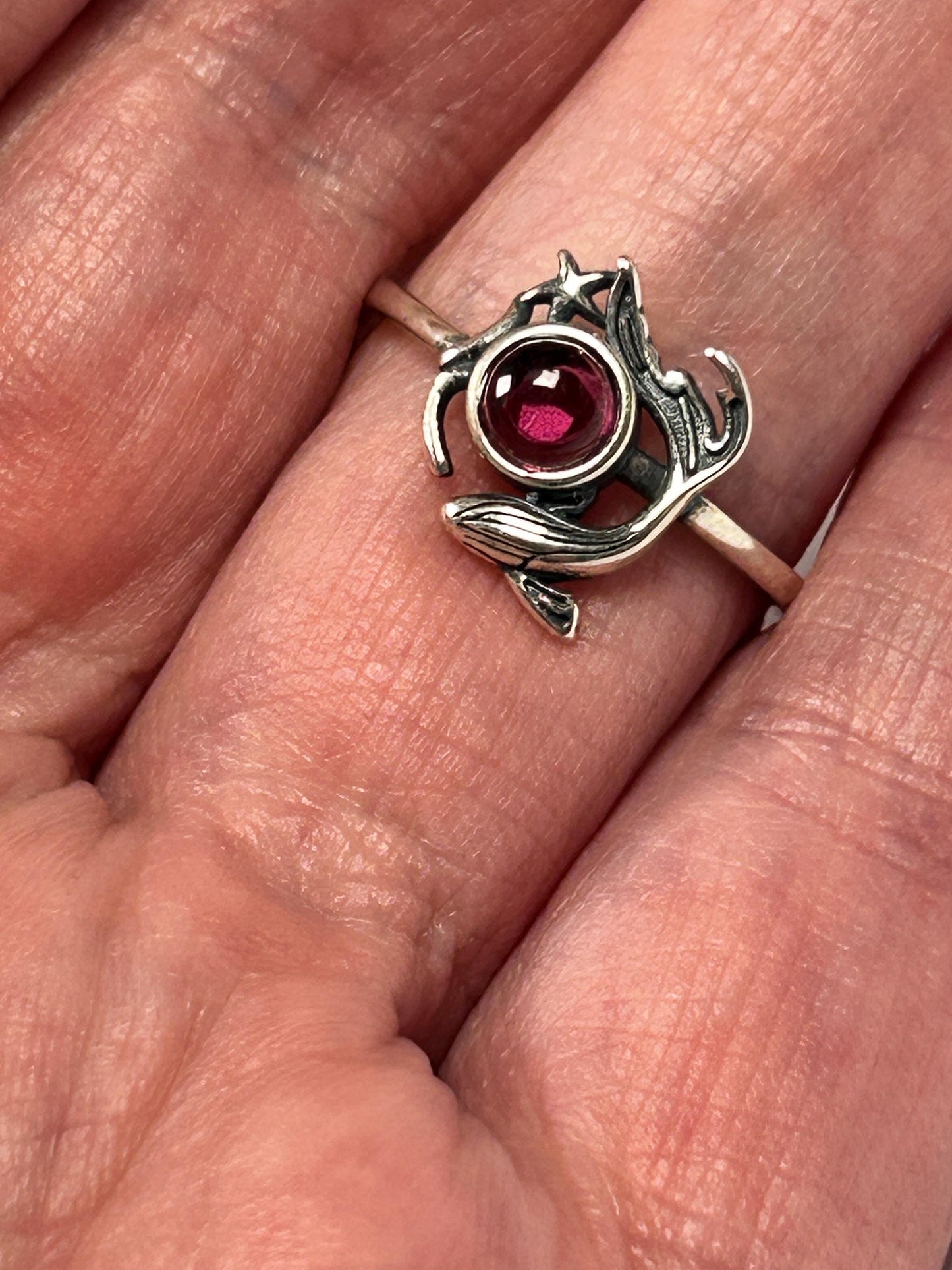 Whale Ring with Pink Garnet in 925 Sterling Silver - Adjustable Sea Life Jewellery Celtic Dragon Jewellery
