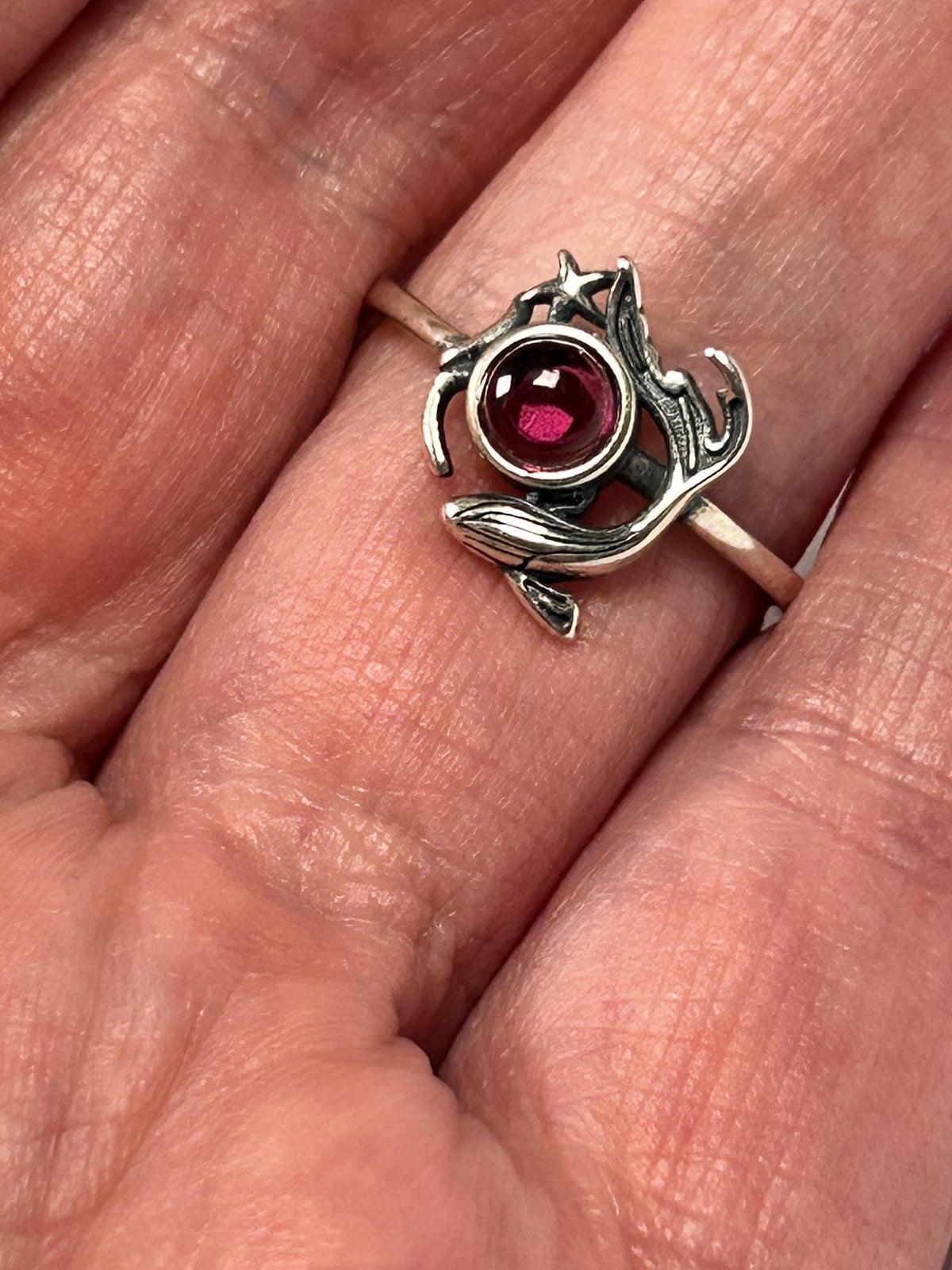 Whale Ring with Pink Garnet in 925 Sterling Silver - Adjustable Sea Life Jewellery Celtic Dragon Jewellery