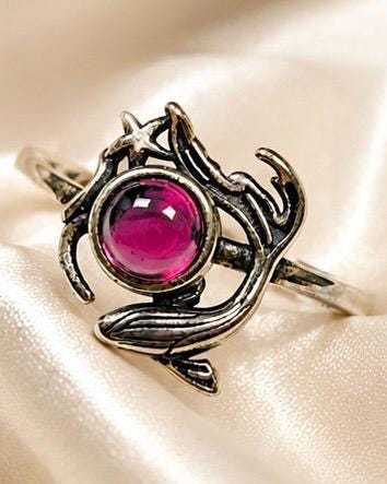 Whale Ring with Pink Garnet in 925 Sterling Silver - Adjustable Sea Life Jewellery Celtic Dragon Jewellery