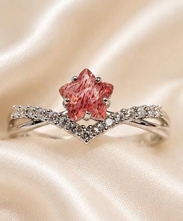 Strawberry Quartz Star Ring – CZ Accents, Sterling Silver, Adjustable Chevron Goth Jewellery Celtic Dragon Jewellery