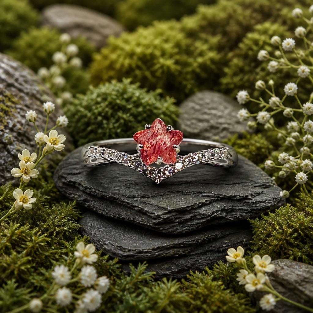 Strawberry Quartz Star Ring – CZ Accents, Sterling Silver, Adjustable Chevron Goth Jewellery Celtic Dragon Jewellery