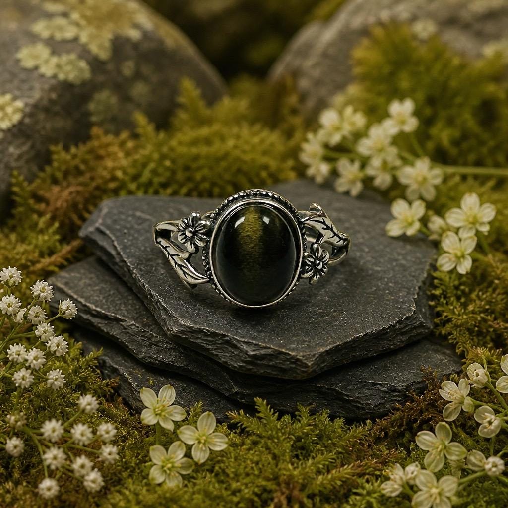 Oval Gold Obsidian Floral Ring in 925 Sterling Silver - Adjustable Forest Goth Nature Jewellery Celtic Dragon Jewellery