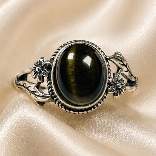 Oval Gold Obsidian Floral Ring in 925 Sterling Silver - Adjustable Forest Goth Nature Jewellery Celtic Dragon Jewellery
