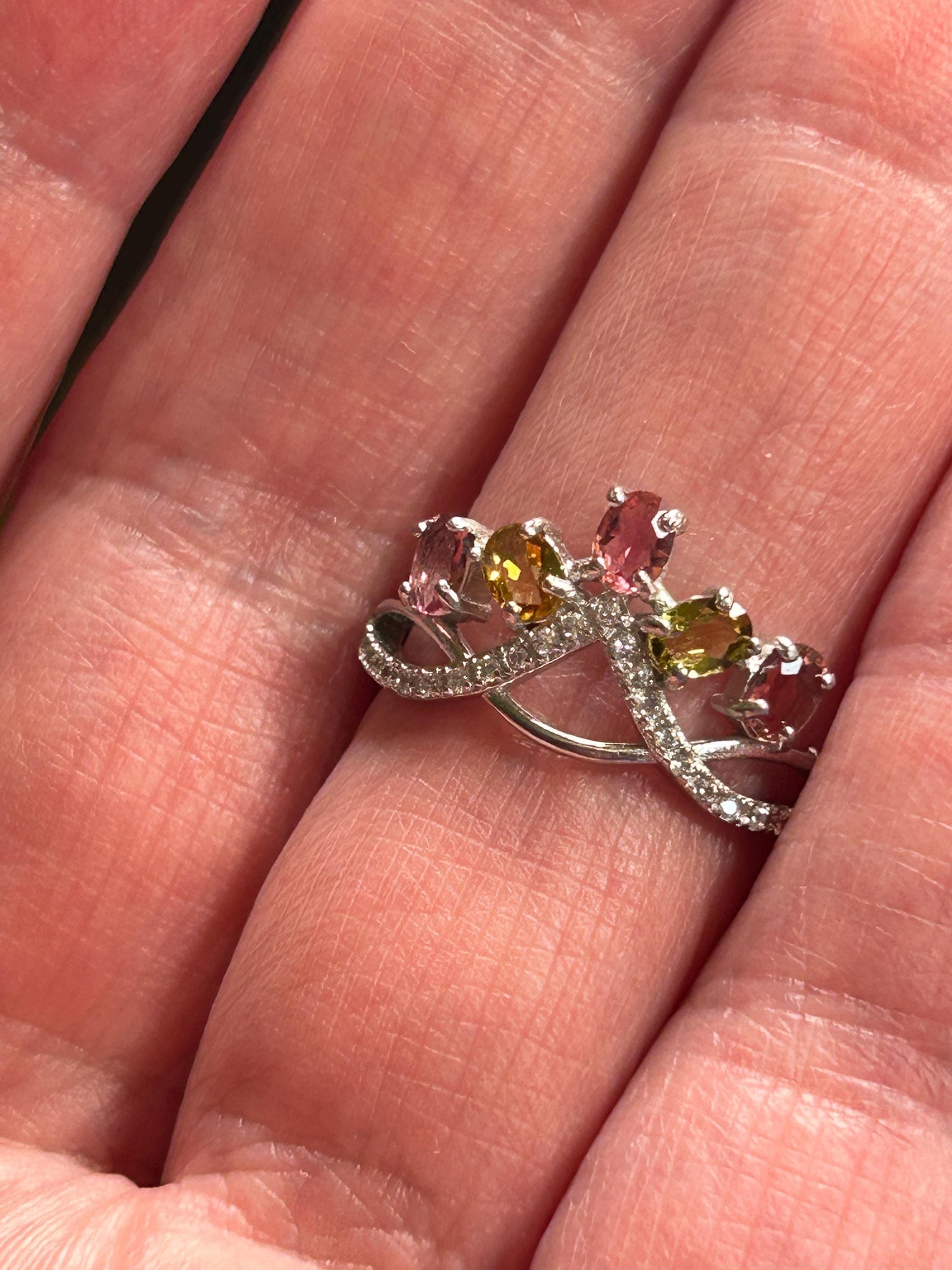 Tiara Ring with Pink & Green Tourmaline in 925 Sterling Silver - Adjustable Goth Crown Jewellery Celtic Dragon Jewellery