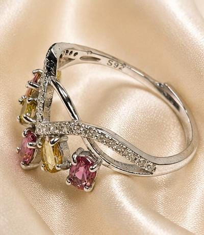 Tiara Ring with Pink & Green Tourmaline in 925 Sterling Silver - Adjustable Goth Crown Jewellery Celtic Dragon Jewellery