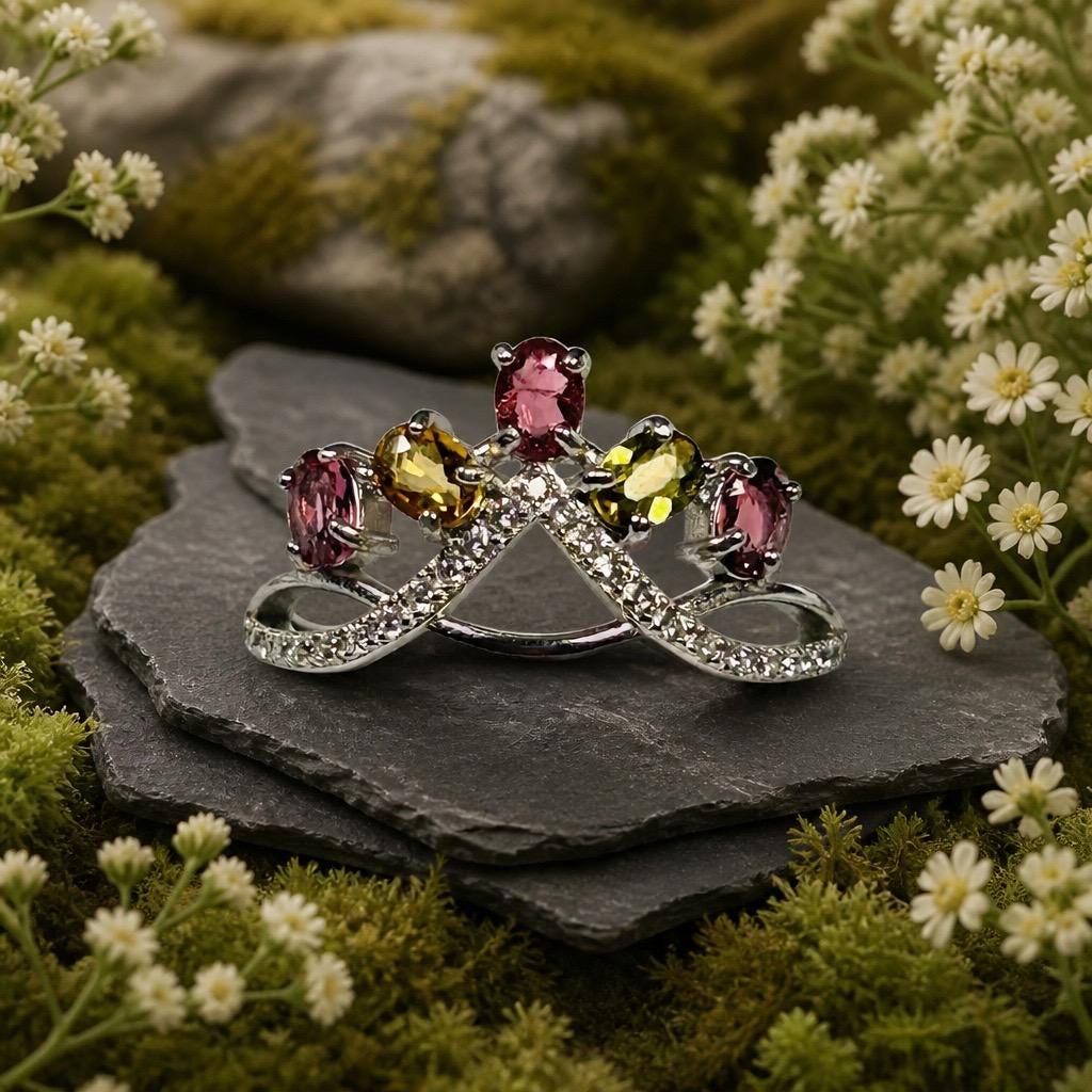 Tiara Ring with Pink & Green Tourmaline in 925 Sterling Silver - Adjustable Goth Crown Jewellery Celtic Dragon Jewellery