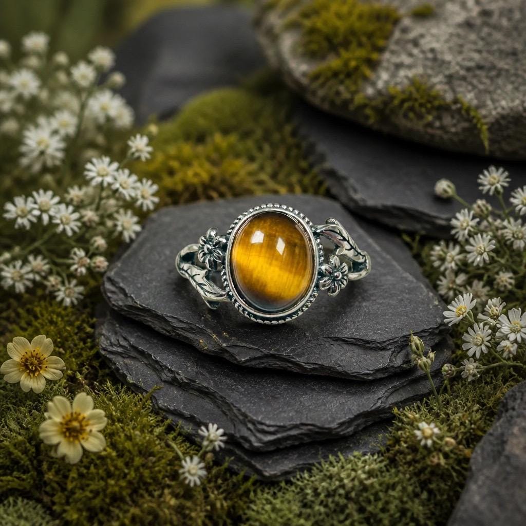 Tiger’s Eye Floral Ring in 925 Sterling Silver - Adjustable Forest Goth Nature Jewellery Celtic Dragon Jewellery