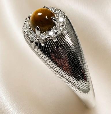 Sterling Silver Tiger's Eye Ring with CZ Accents – Adjustable Goth Statement Jewellery