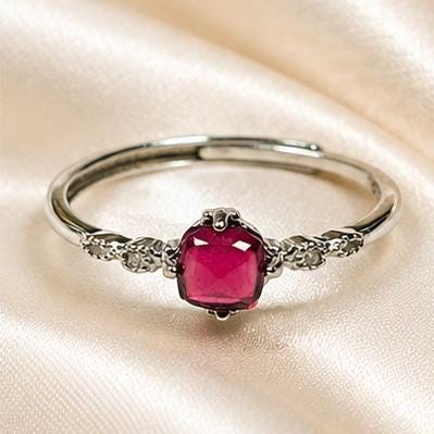Pink Garnet Solitaire Ring in 925 Sterling Silver - Adjustable Dainty Beaded Goth Jewellery Celtic Dragon Jewellery