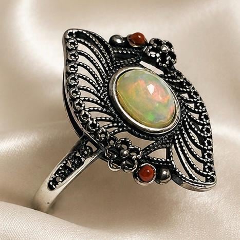 Opal Coral Filigree Ring – Sterling Silver Victorian Goth Statement Jewellery