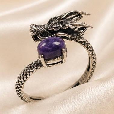 Dragon Ring with Charoite - 925 Sterling Silver - Adjustable Gothic Jewellery Celtic Dragon Jewellery