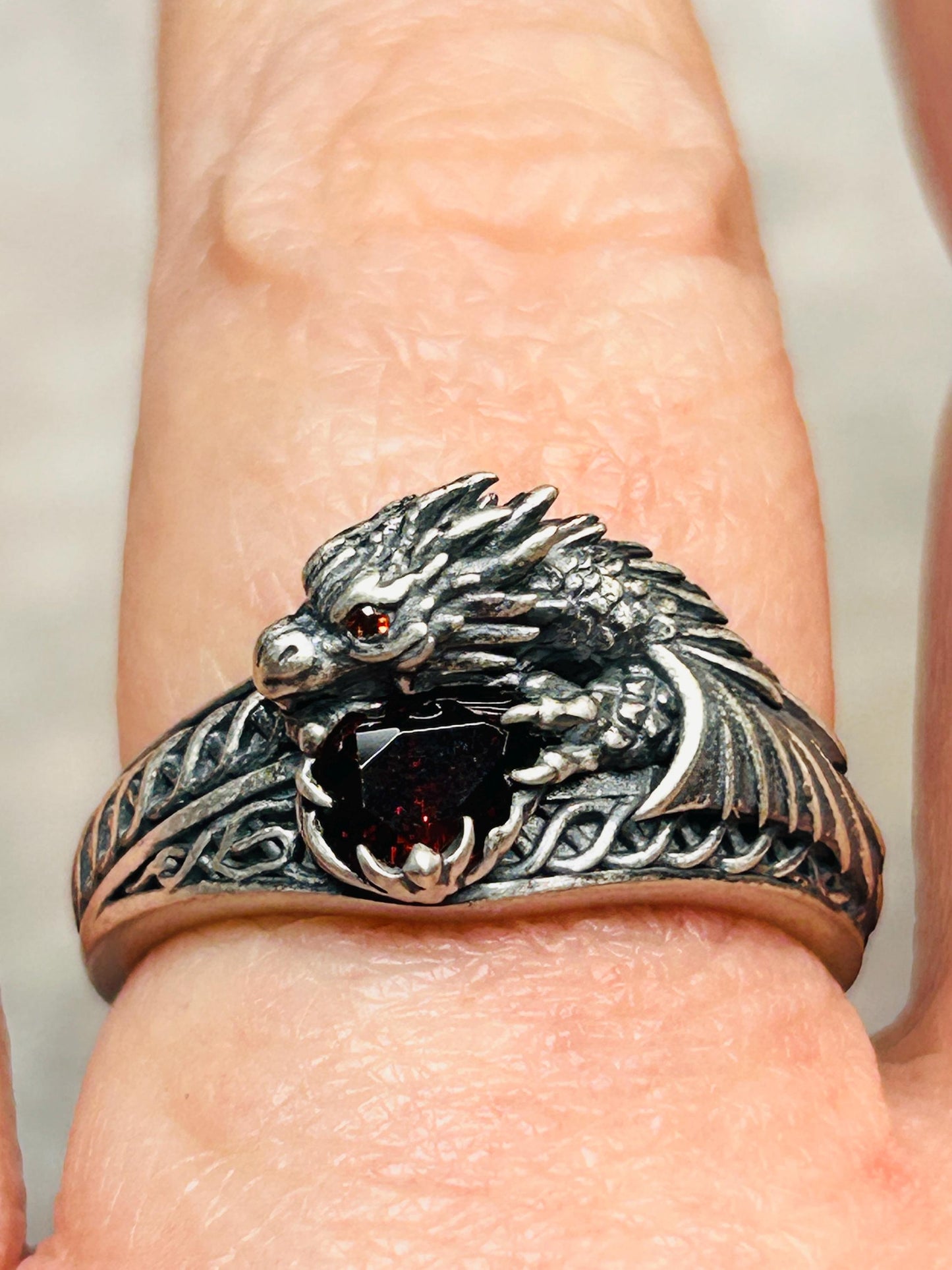 Celtic Dragon Ring with Red CZ, in 925 Sterling Silver - Limited Edition Goth Jewellery