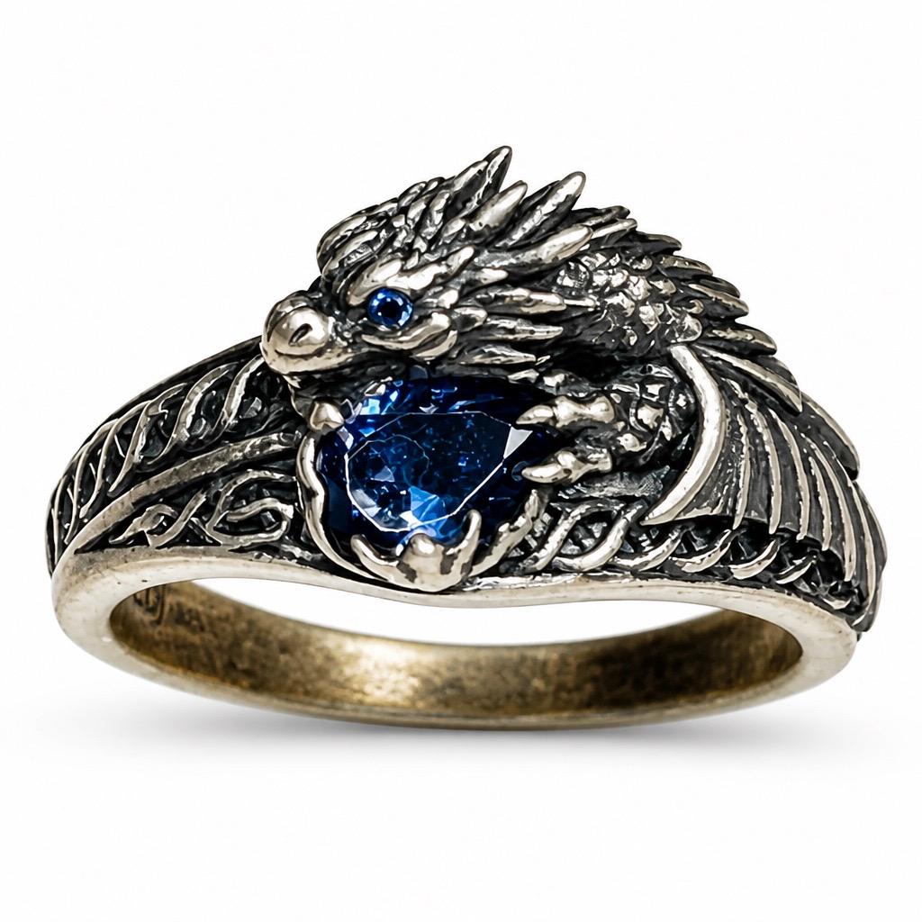 Celtic Dragon Ring with Tanzanite-Blue Cubic Zirconia - 925 Sterling Silver Gothic Jewellery Celtic Dragon Jewellery