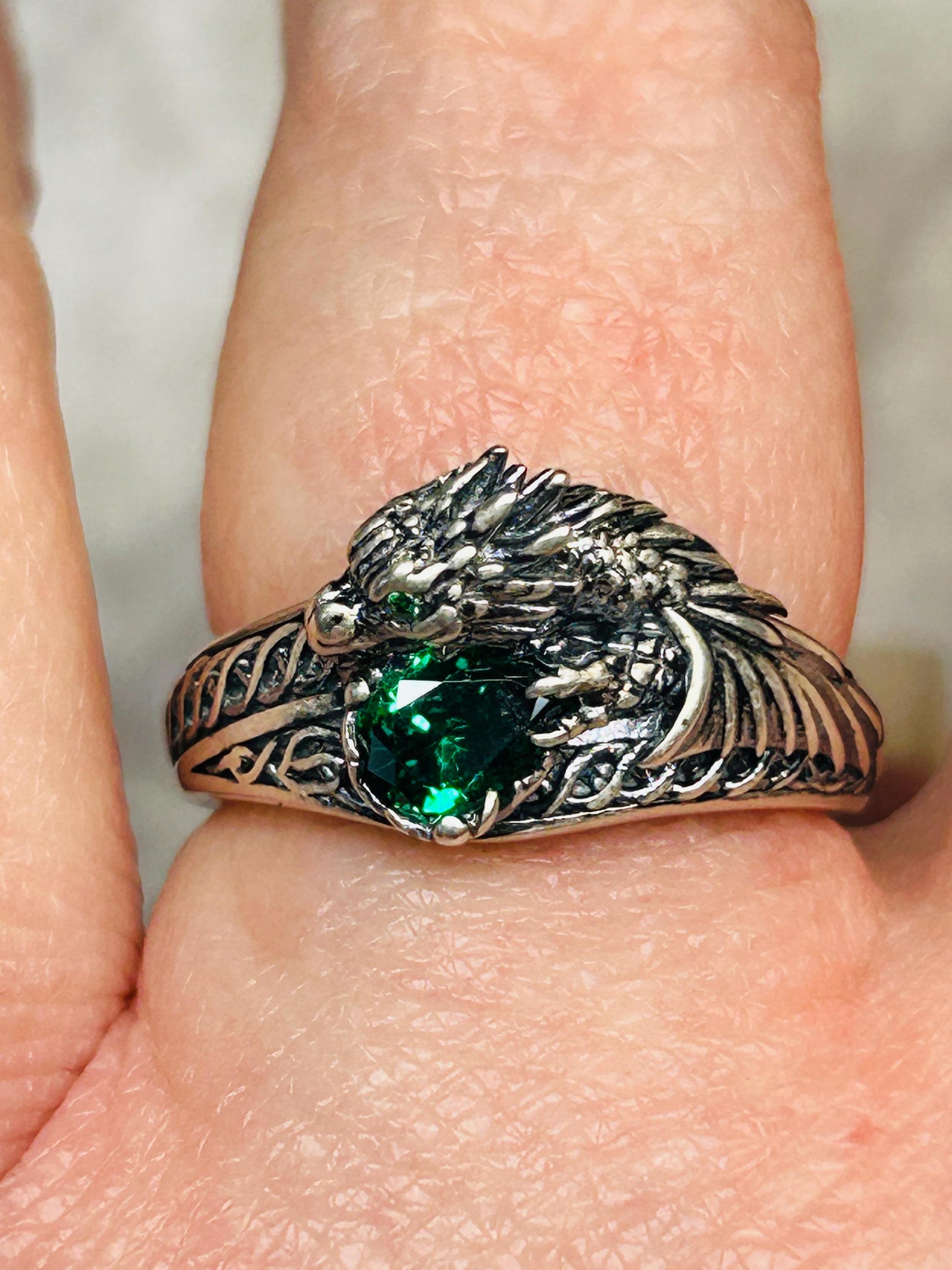 Celtic Dragon Ring with Green CZ, in 925 Sterling Silver - Limited Edition Goth Jewellery Celtic Dragon Jewellery