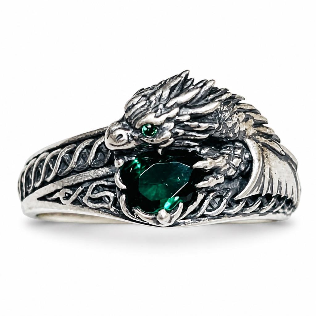 Celtic Dragon Ring with Green CZ, in 925 Sterling Silver - Limited Edition Goth Jewellery Celtic Dragon Jewellery