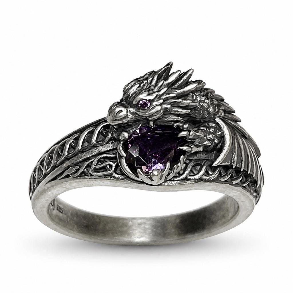 Dragon Ring with Purple CZ, in 925 Sterling Silver - Exclusive Design Goth Jewellery Celtic Dragon Jewellery