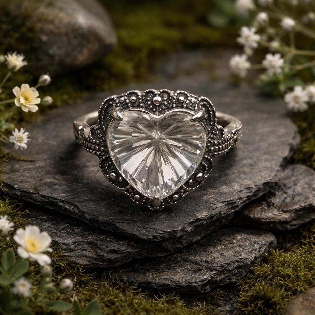 Clear Quartz Heart Ring - Checkerboard Cut in 925 Sterling Silver with Adjustable Band Celtic Dragon Jewellery