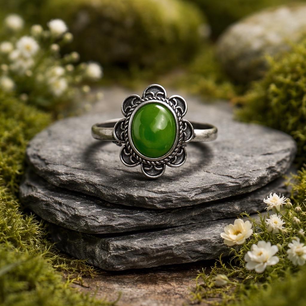 Jade Ring With Flower Design in 925 Sterling Silver & Adjustable Band Celtic Dragon Jewellery
