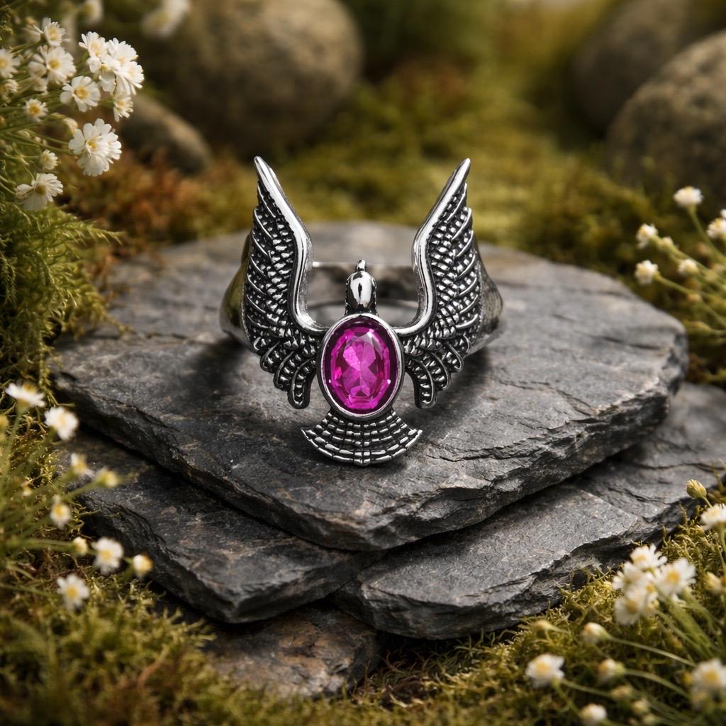 Flying Eagle Ring with Pink Topaz in 925 Sterling Silver & Adjustable Band