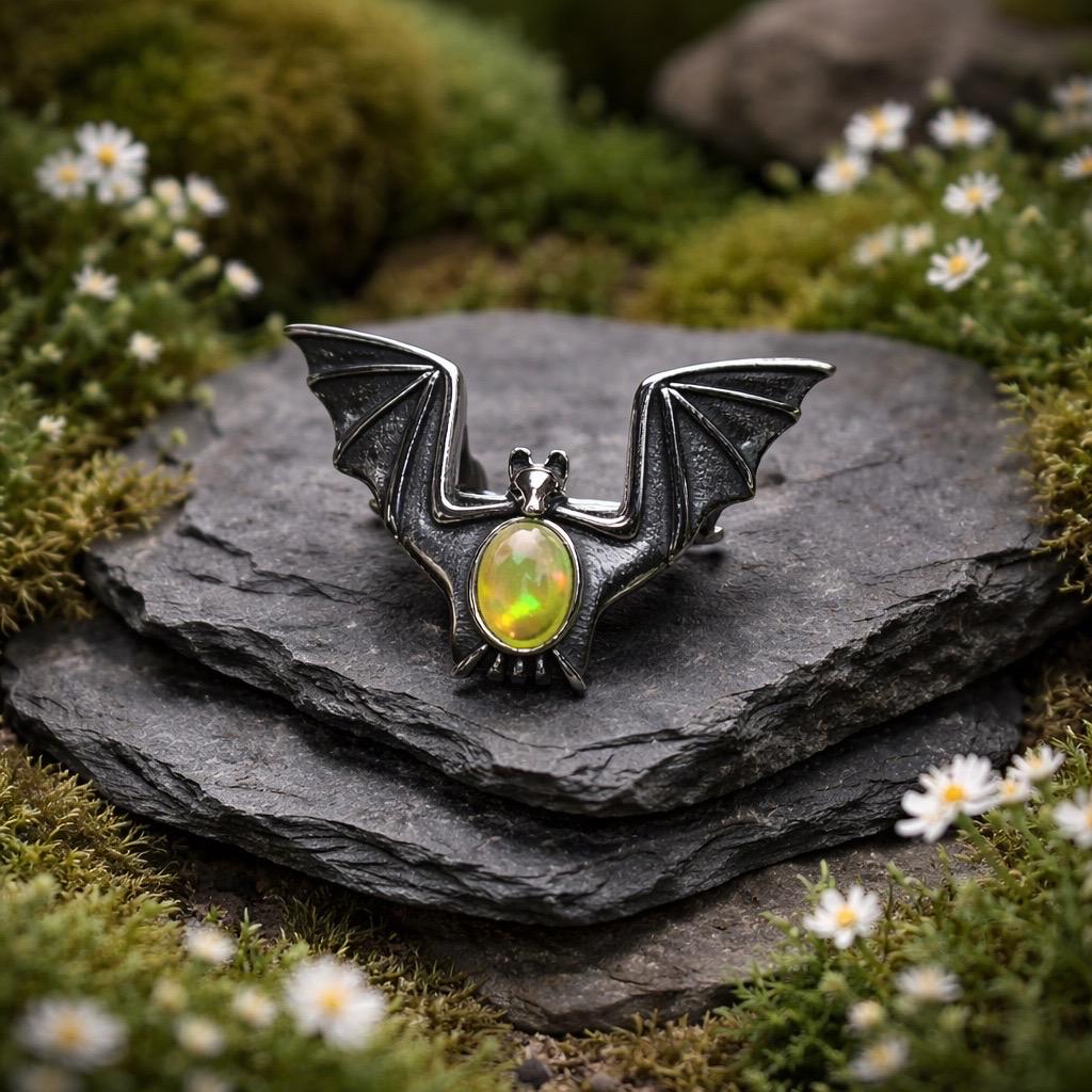 Flying Bat Ring with Opal in 925 Sterling Silver & Adjustable Band Celtic Dragon Jewellery