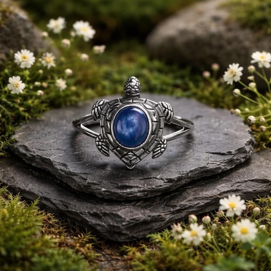 Turtle Ring With Blue Kyanite in 925 Sterling Silver & Adjustable Band Celtic Dragon Jewellery