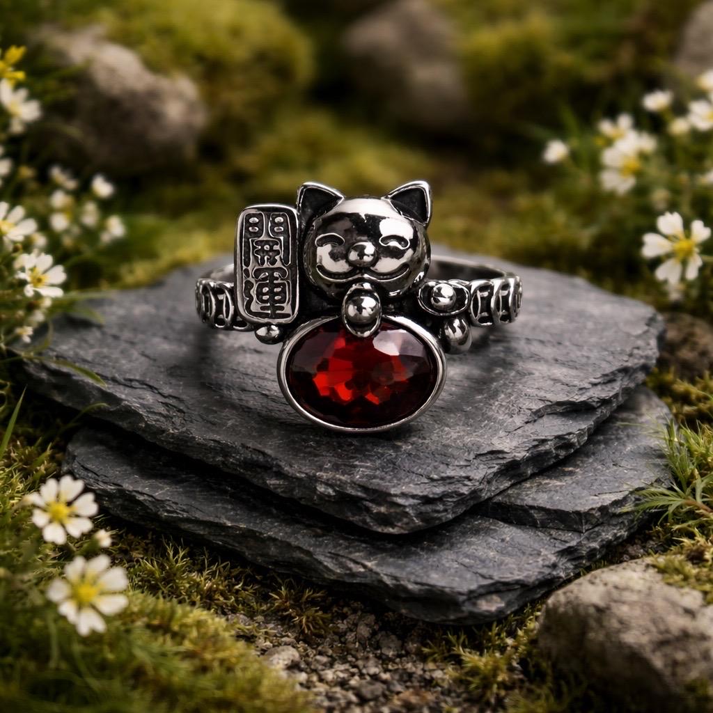 Waving Cat Ring with Red Garnet in 925 Sterling Silver - Adjustable Fortune Cat Jewellery Celtic Dragon Jewellery