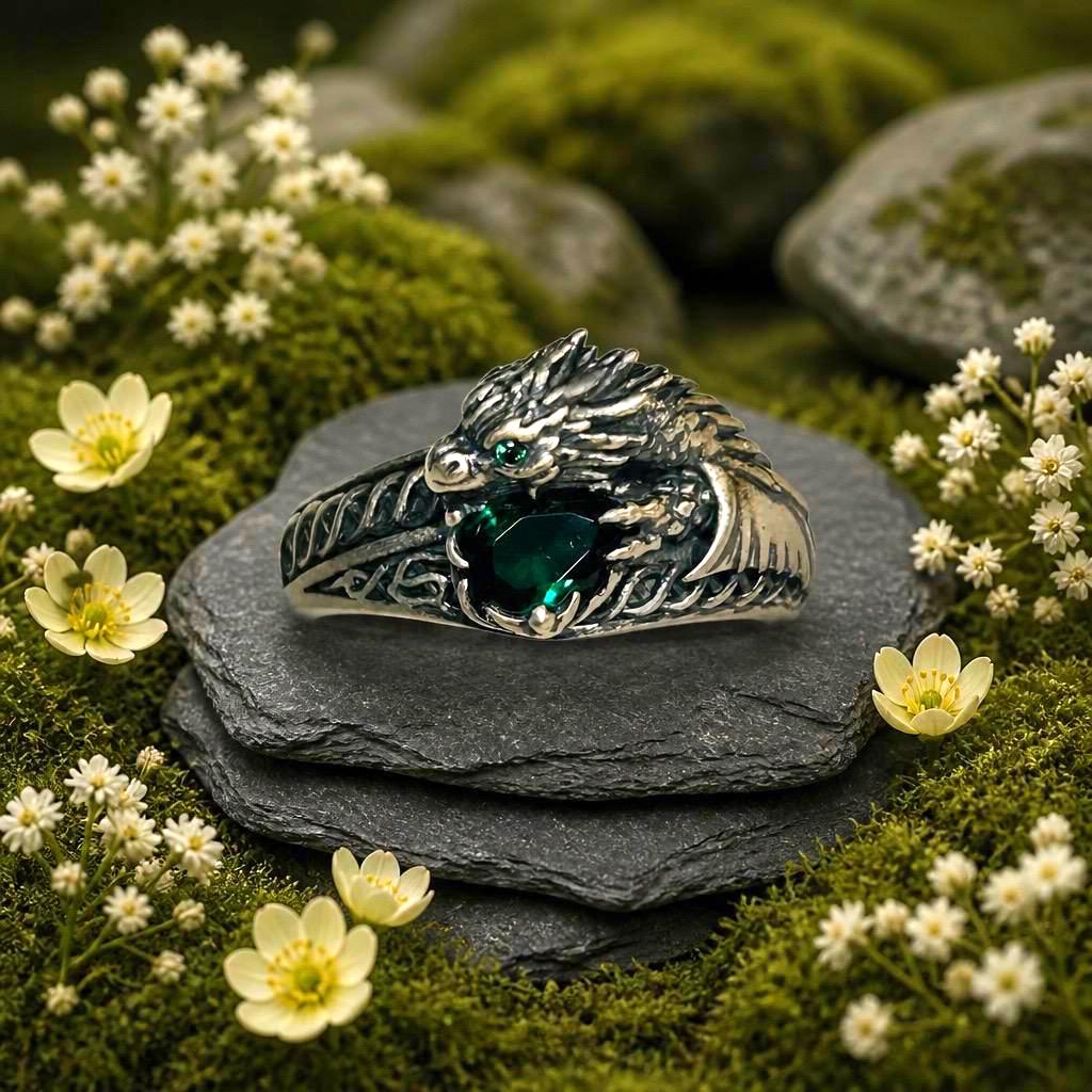 Celtic Dragon Ring with Green CZ, in 925 Sterling Silver - Limited Edition Goth Jewellery Celtic Dragon Jewellery