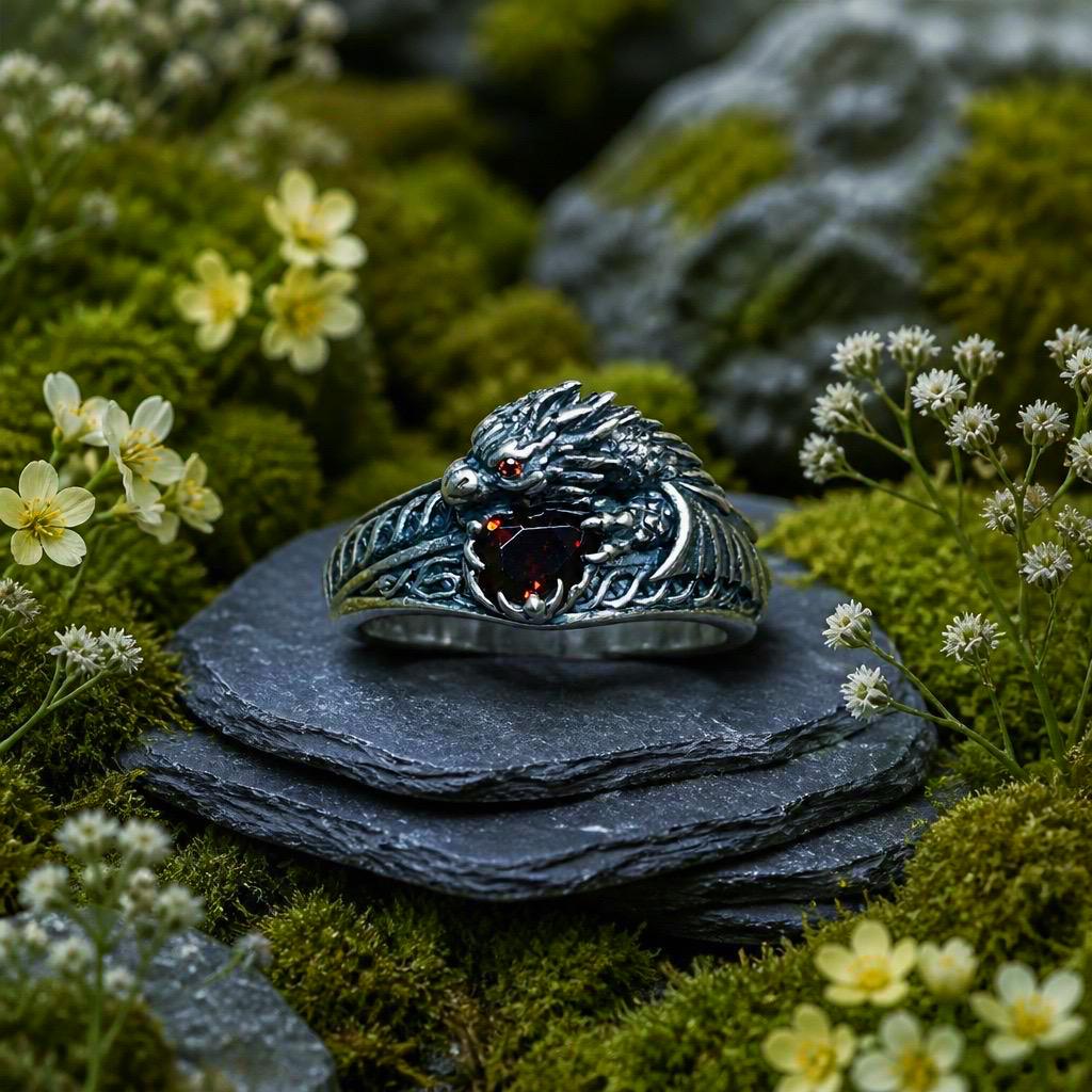 Celtic Dragon Ring with Red CZ, in 925 Sterling Silver - Limited Edition Goth Jewellery