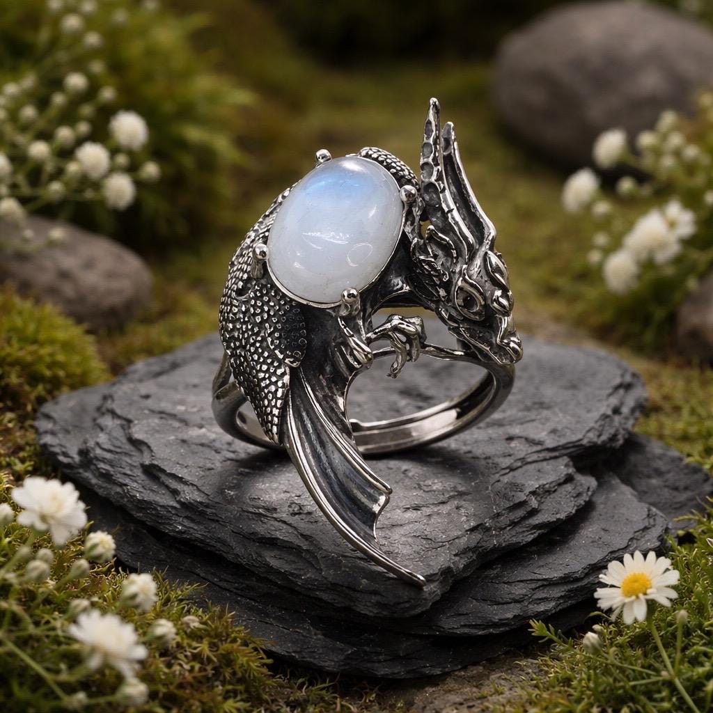 Dragon Ring with Moonstone, 925 Sterling Silver - Adjustable Gothic Statement Jewellery Celtic Dragon Jewellery