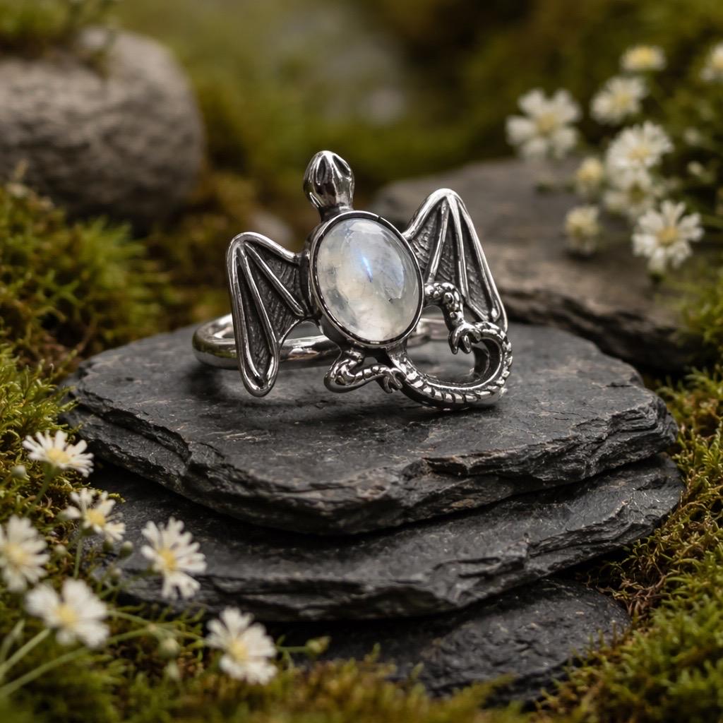 Celtic Dragon Ring with Moonstone in 925 Sterling Silver - Adjustable Gothic Jewellery Celtic Dragon Jewellery