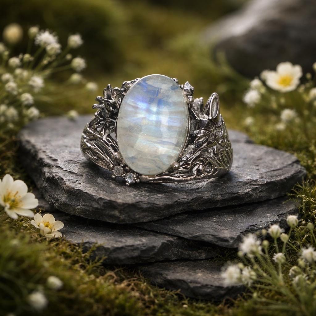 Whimsical Fox Ring with Moonstone in 925 Sterling Silver & Adjustable Band Celtic Dragon Jewellery