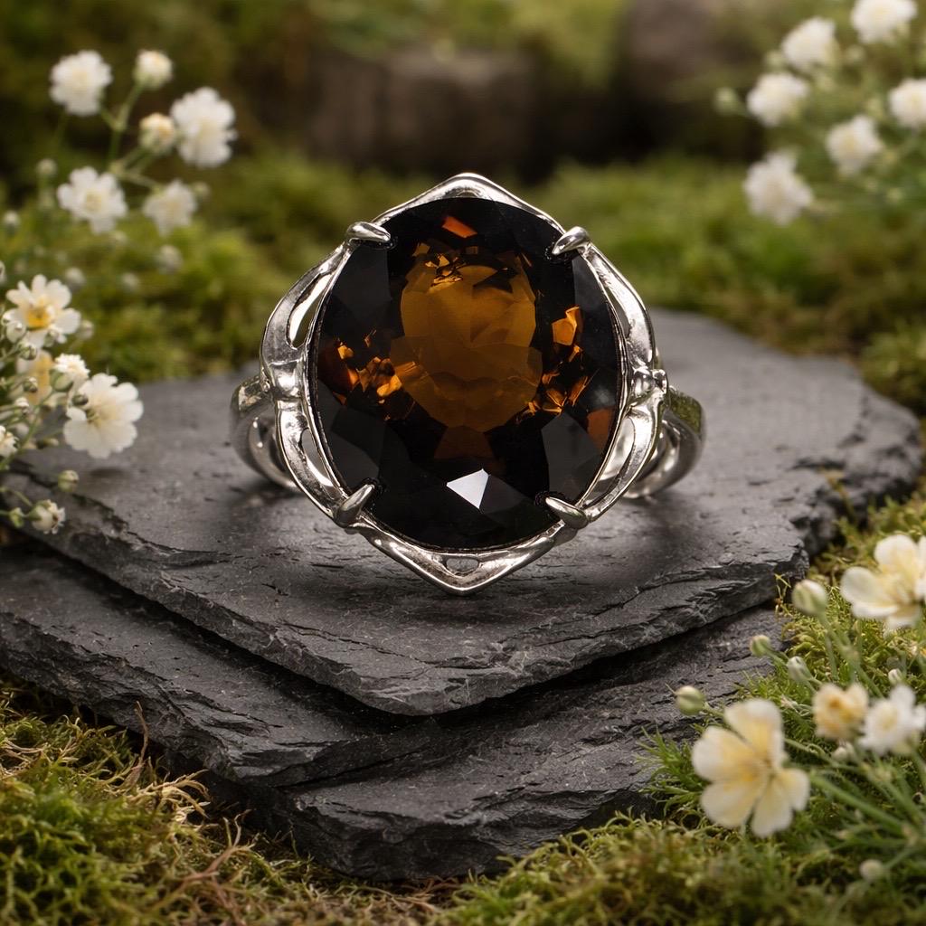 Smoky Quartz Statement Ring with Large Faceted Oval in 925 Sterling Silver & Adjustable Band Celtic Dragon Jewellery
