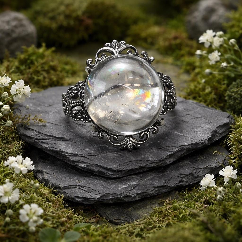 Rainbow Clear Quartz Ring with Fleur-de-Lis Style Setting - 925 Sterling Silver & Adjustable Band Celtic Dragon Jewellery