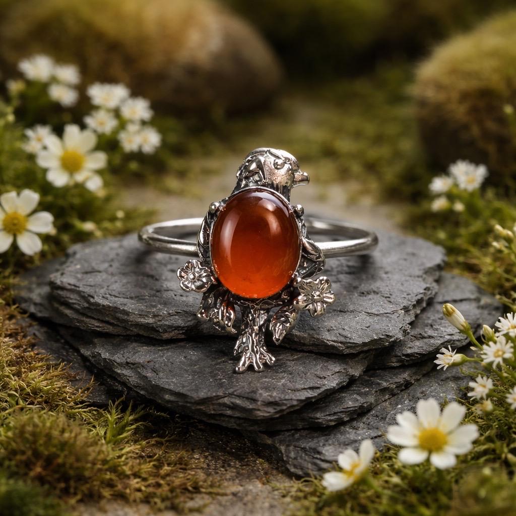 Bird Ring with Garnet, 925 Sterling Silver, Adjustable Band
