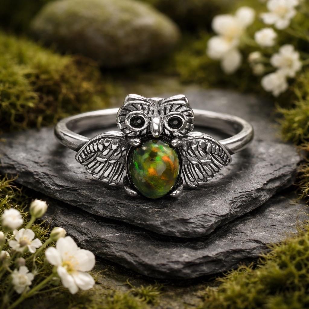 Owl Ring With Black Opal in 925 Sterling Silver & Adjustable Band Celtic Dragon Jewellery