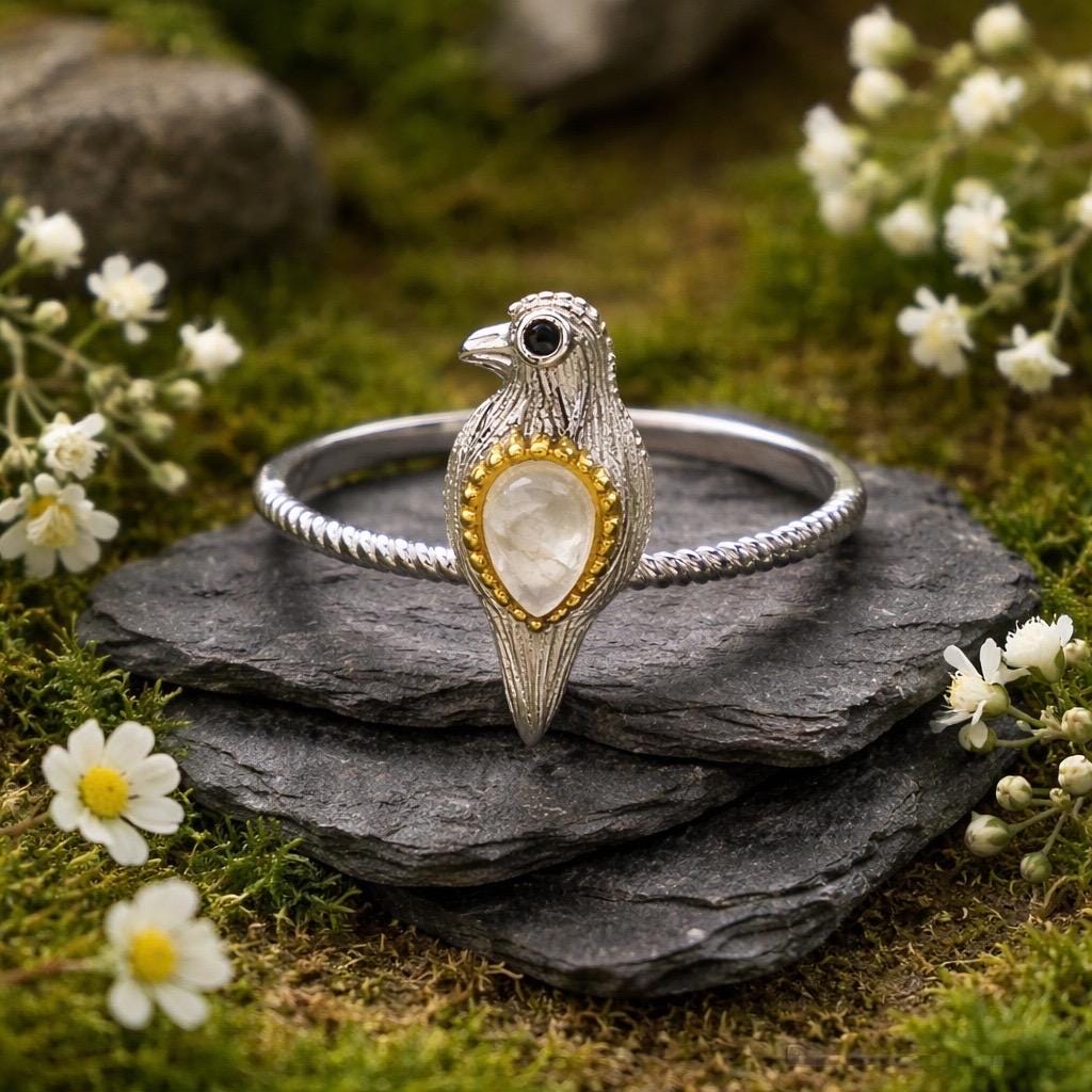 Dainty Bird Ring With Moonstone in 925 Sterling Silver & Adjustable Band Celtic Dragon Jewellery