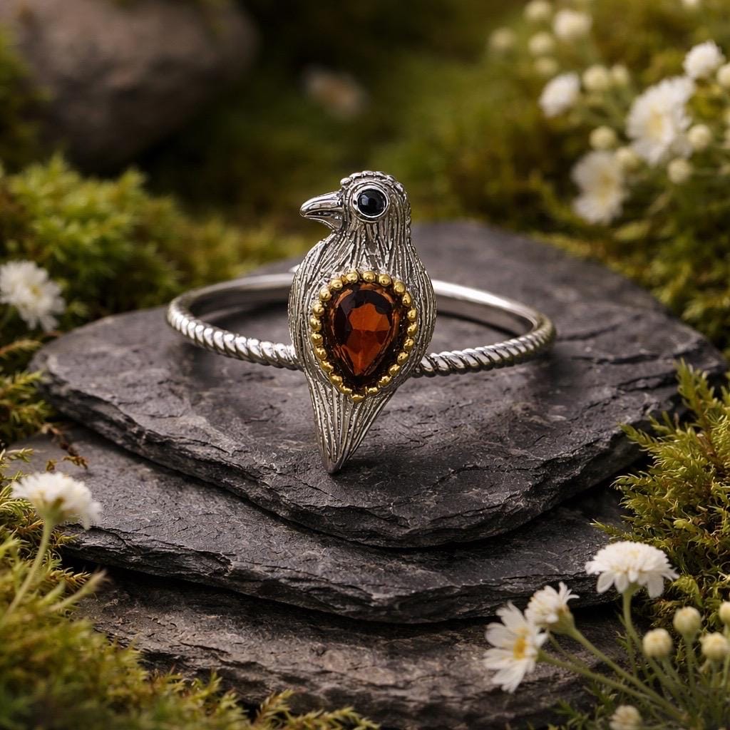 Dainty Bird Ring With Garnet in 925 Sterling Silver & Adjustable Band Celtic Dragon Jewellery
