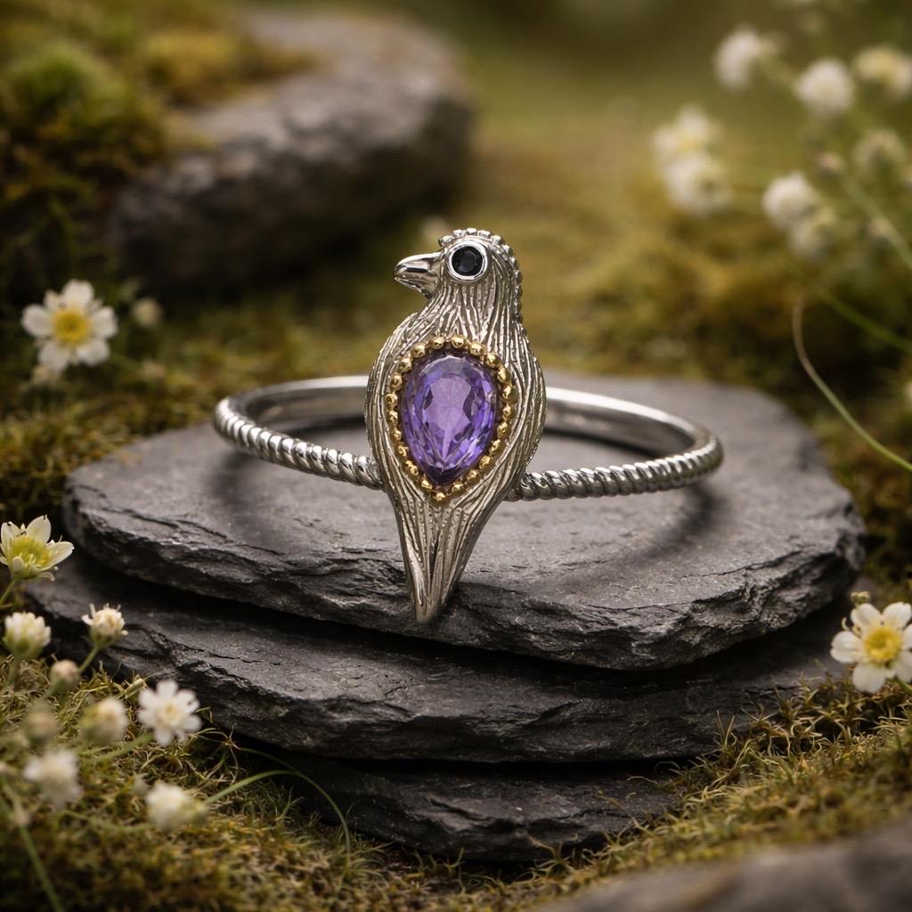 Dainty Bird Ring With Amethyst in 925 Sterling Silver & Adjustable Band