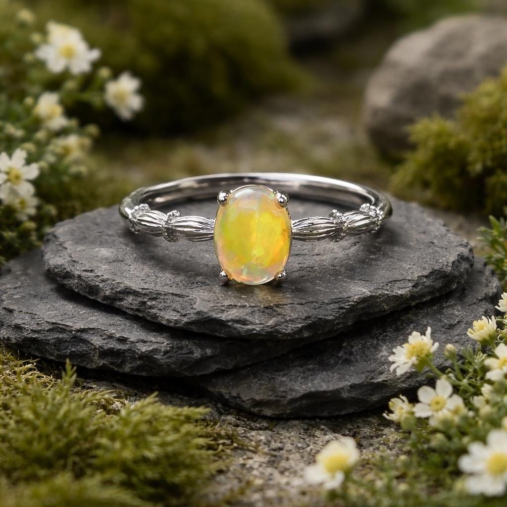 Dainty Orange Opal Ring in 925 Sterling Silver - Twist Design Adjustable Band Celtic Dragon Jewellery