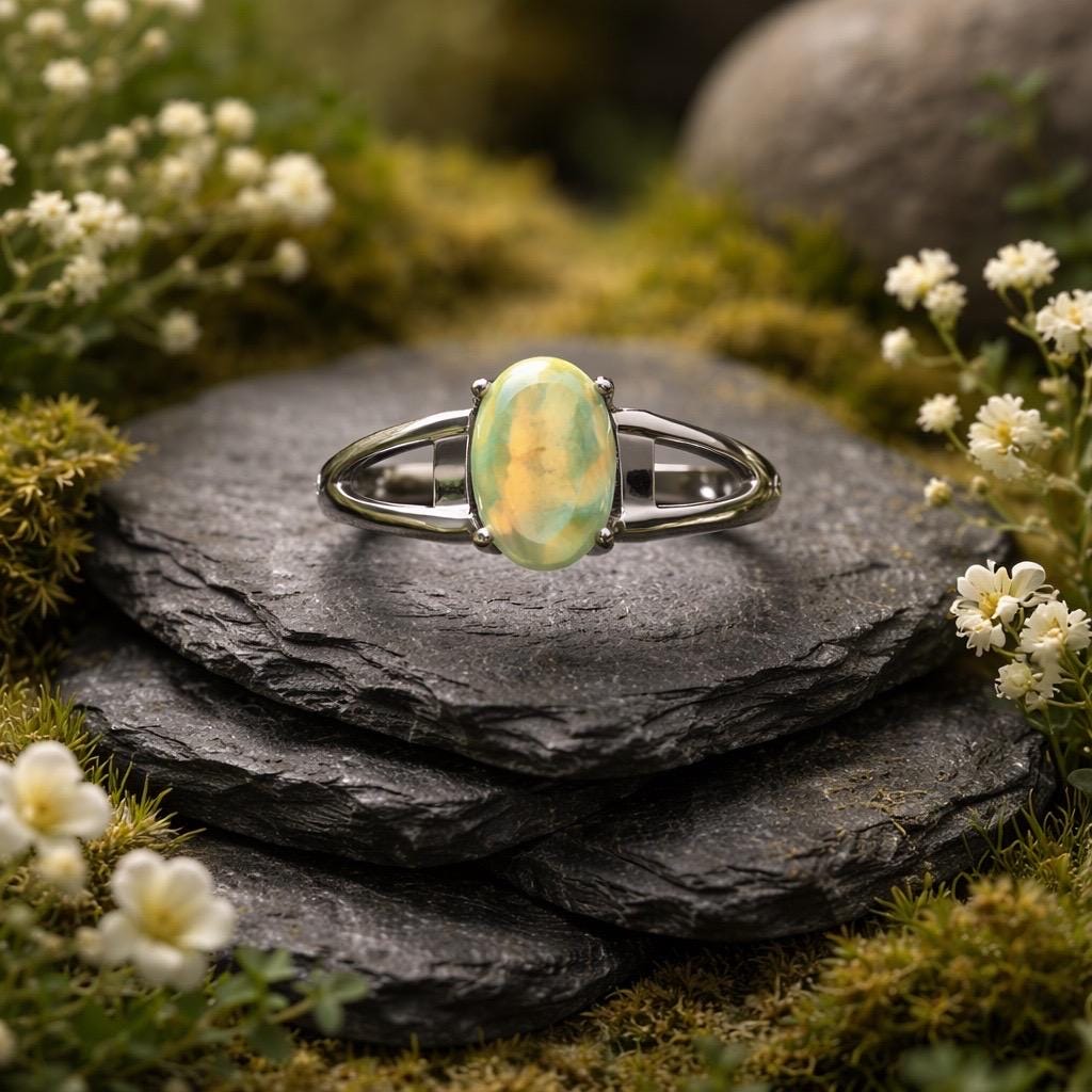 Dainty Opal Ring in 925 Sterling Silver - Adjustable Band Celtic Dragon Jewellery