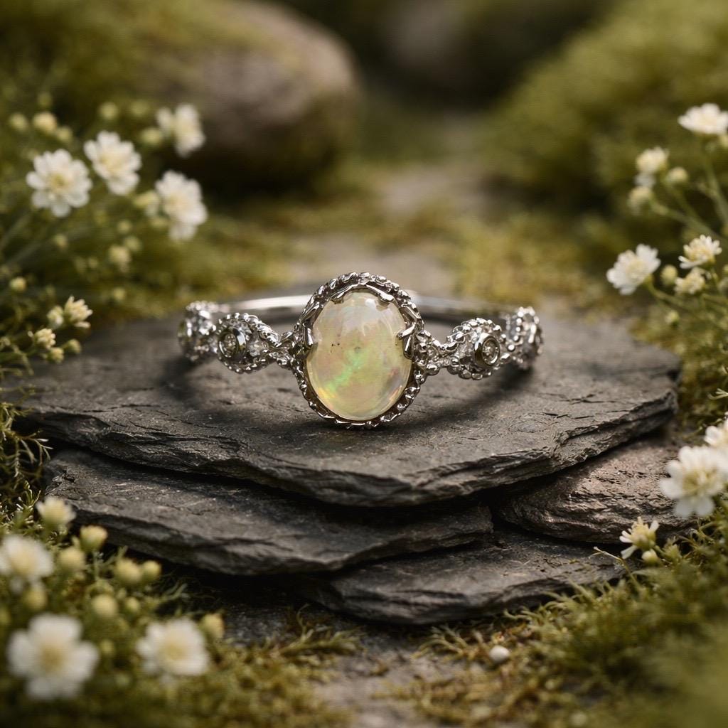 Dainty Opal Ring in 925 Sterling Silver - Adjustable Infinity Design Celtic Dragon Jewellery