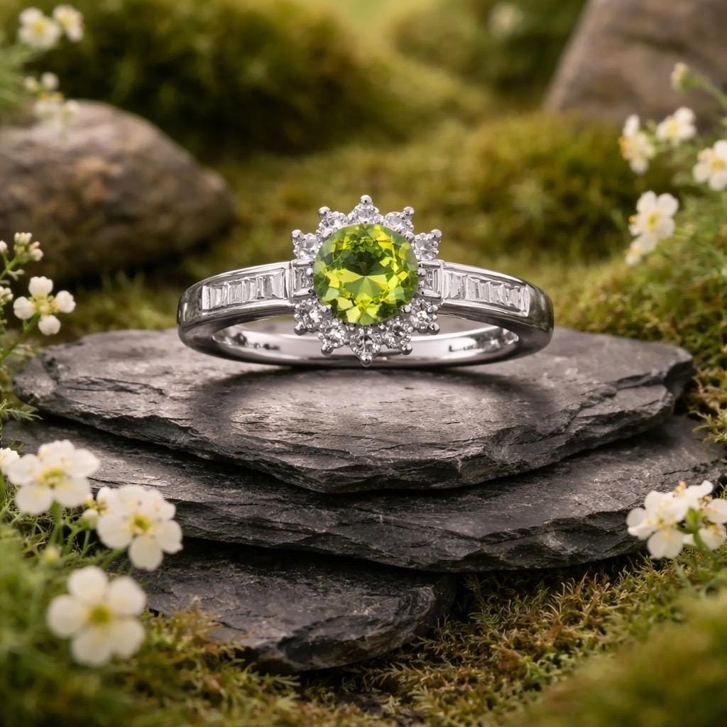 Peridot Cluster Ring in 925 Sterling Silver, Adjustable with CZ Accents Celtic Dragon Jewellery