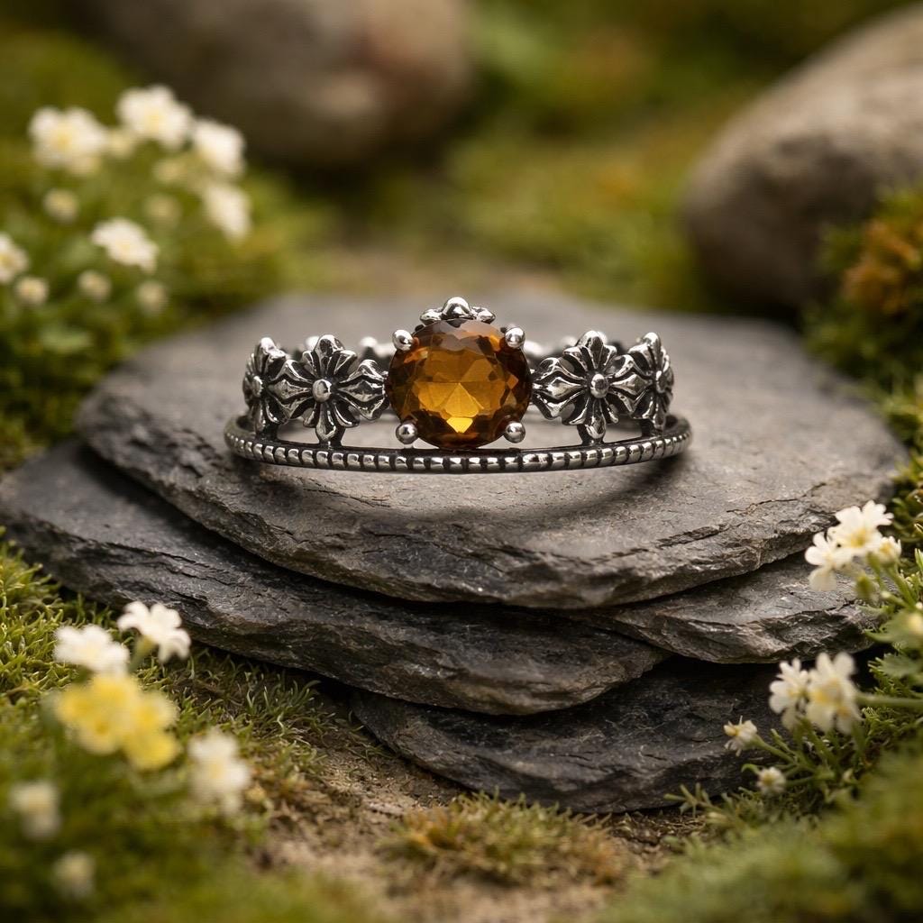 Regal Tiara Ring with Citrine in 925 Sterling Silver & Adjustable Band Celtic Dragon Jewellery