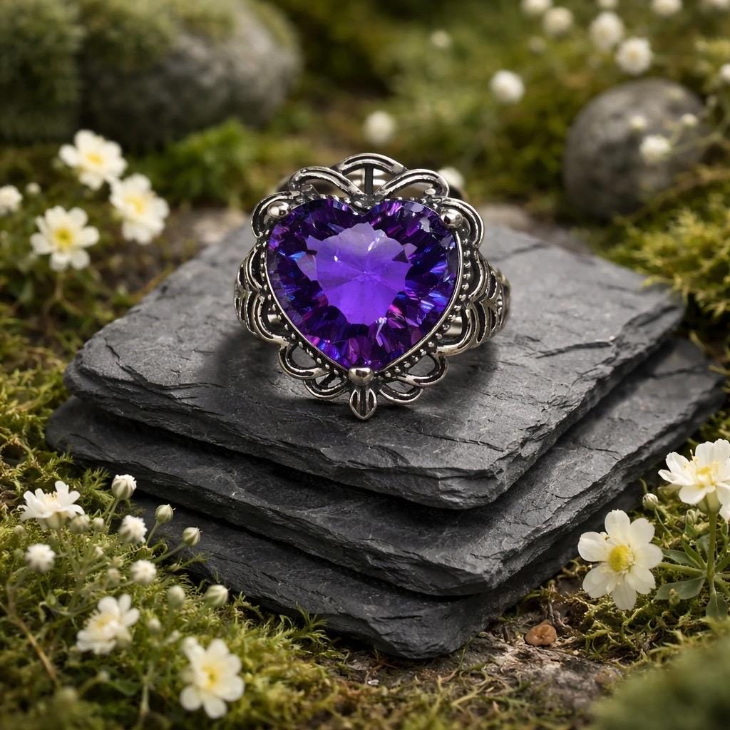 Ornate Heart Ring with Amethyst in 925 Sterling Silver - Adjustable Gothic Romance Jewellery Celtic Dragon Jewellery