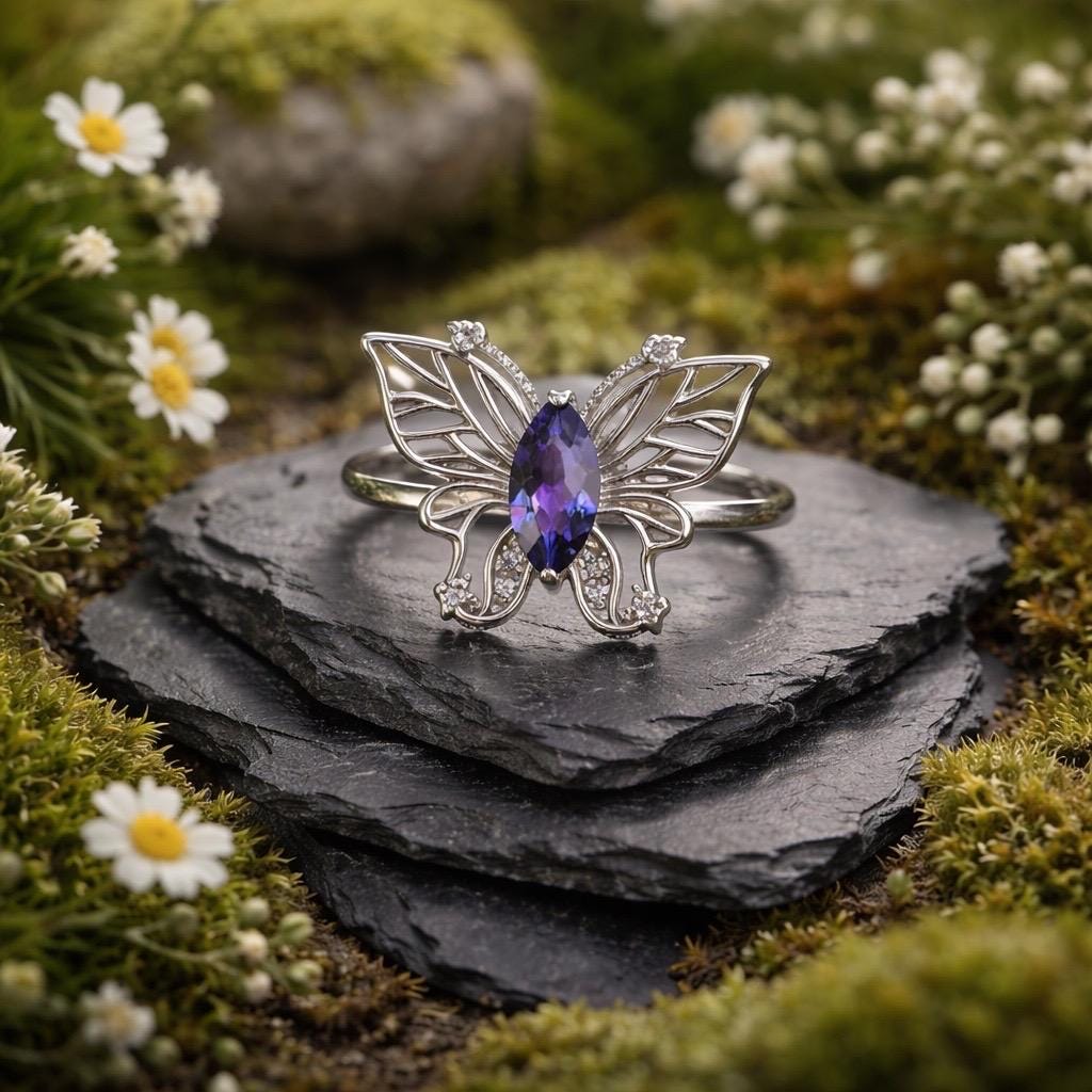 Filigree Butterfly Ring With Amethyst in 925 Sterling Silver & Adjustable Band Celtic Dragon Jewellery