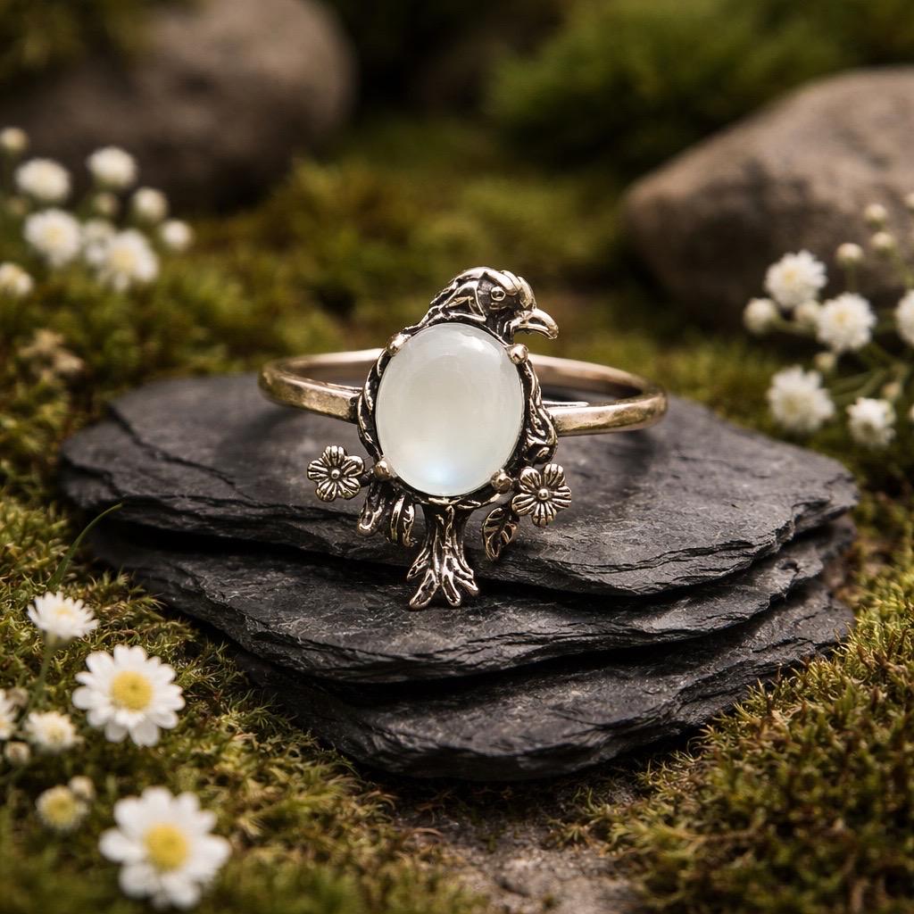 Bird Ring with Moonstone in 925 Sterling Silver & Adjustable Band Celtic Dragon Jewellery