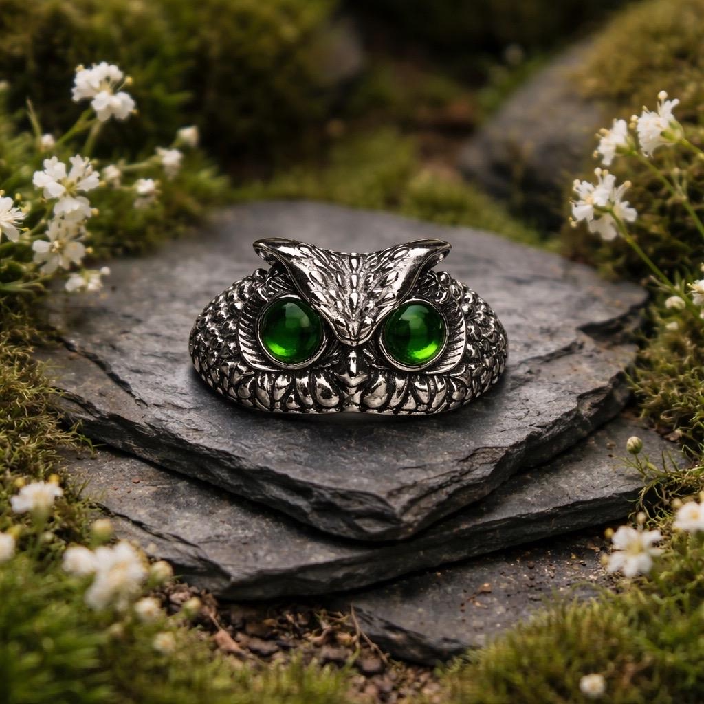 Owl Ring With Diopside in 925 Sterling Silver & Adjustable Band