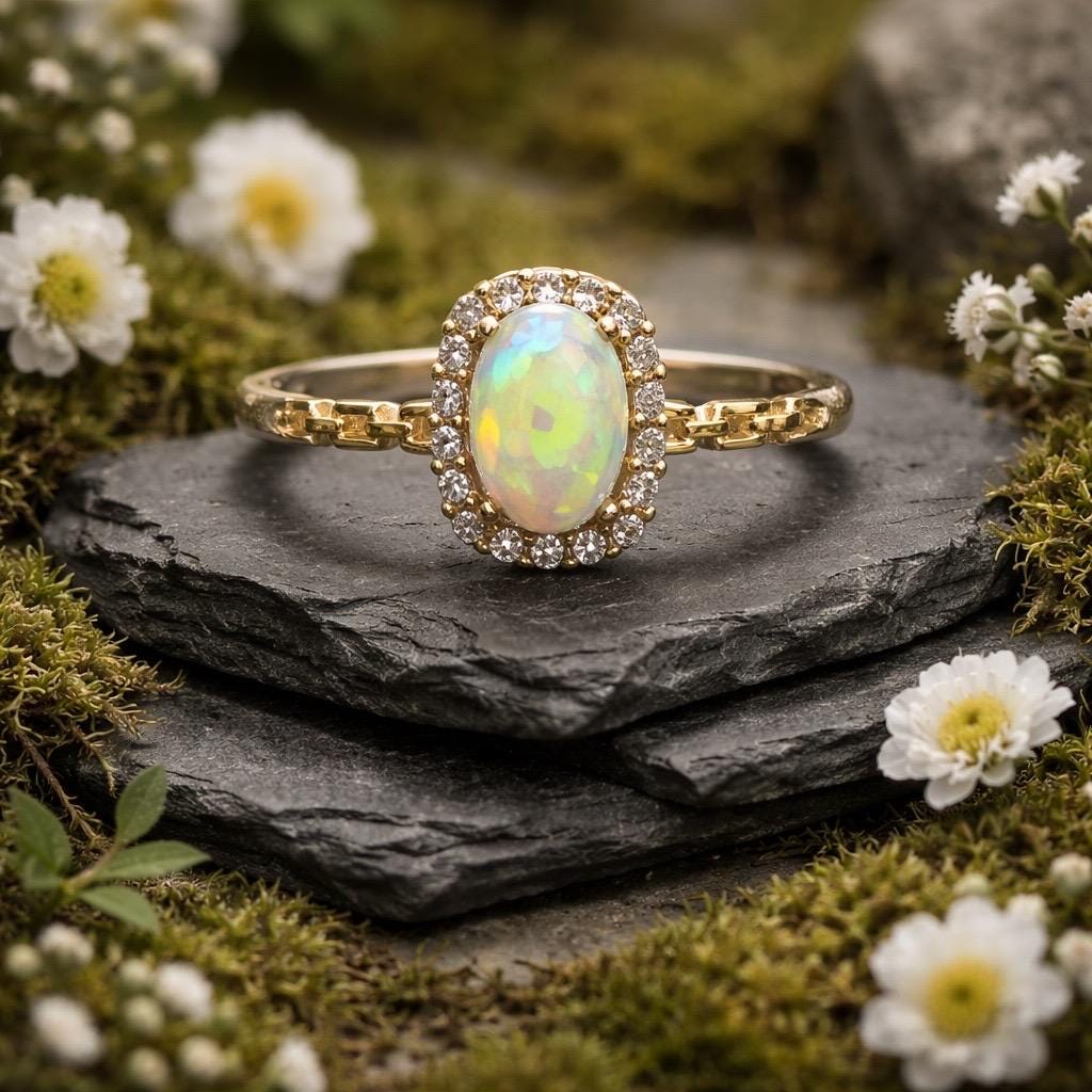 Halo Ring with Opal & CZ Set in Gold Plated 925 Sterling Silver - Adjustable Band Celtic Dragon Jewellery